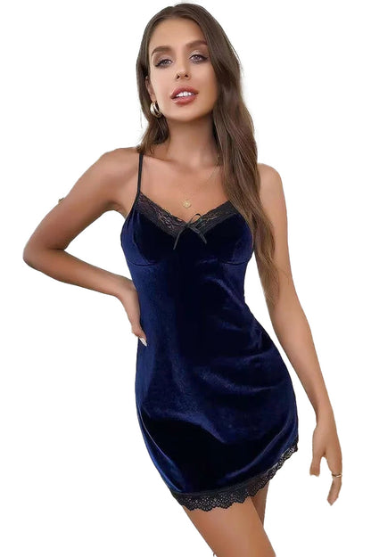 Sexy velvet lace nightdress in deep blue with delicate lace trim and adjustable straps