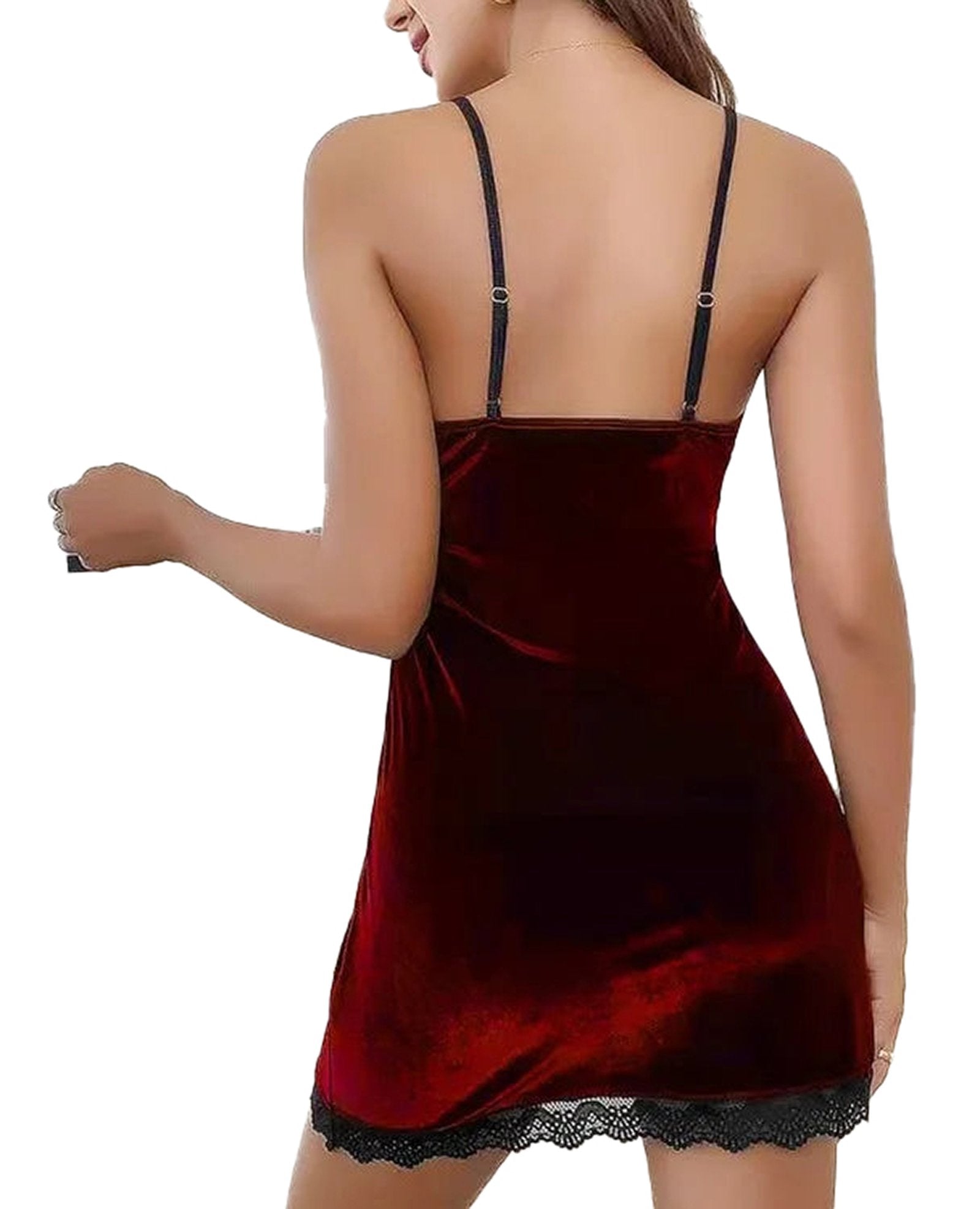 Red sexy velvet lace nightdress by LuckeLadybug LLC with adjustable straps and lace trim