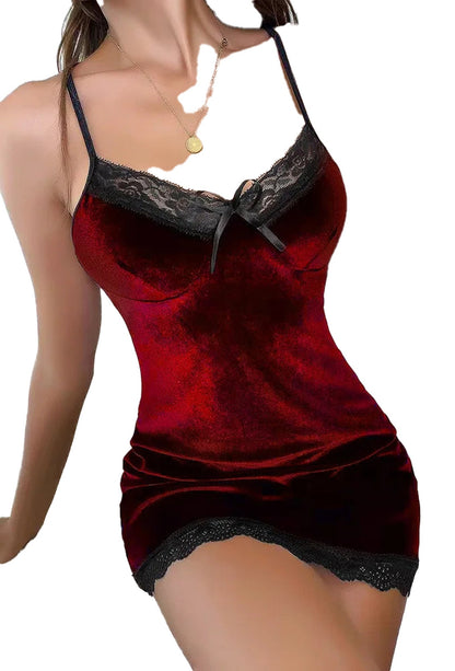 Red sexy velvet lace nightdress with adjustable straps and lace trim details