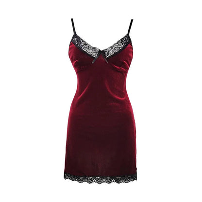 Sexy velvet lace nightdress in burgundy featuring delicate lace trim and adjustable straps