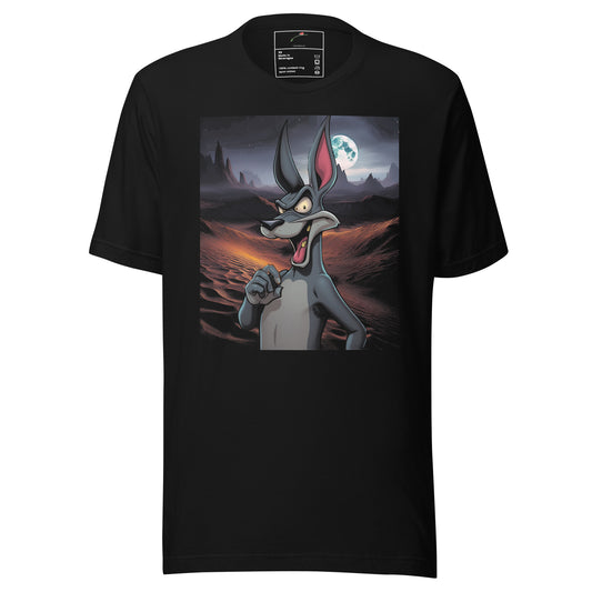 LuckeLadybug black shadow wolf t-shirt featuring cartoon wolf with moonlit mountainous background