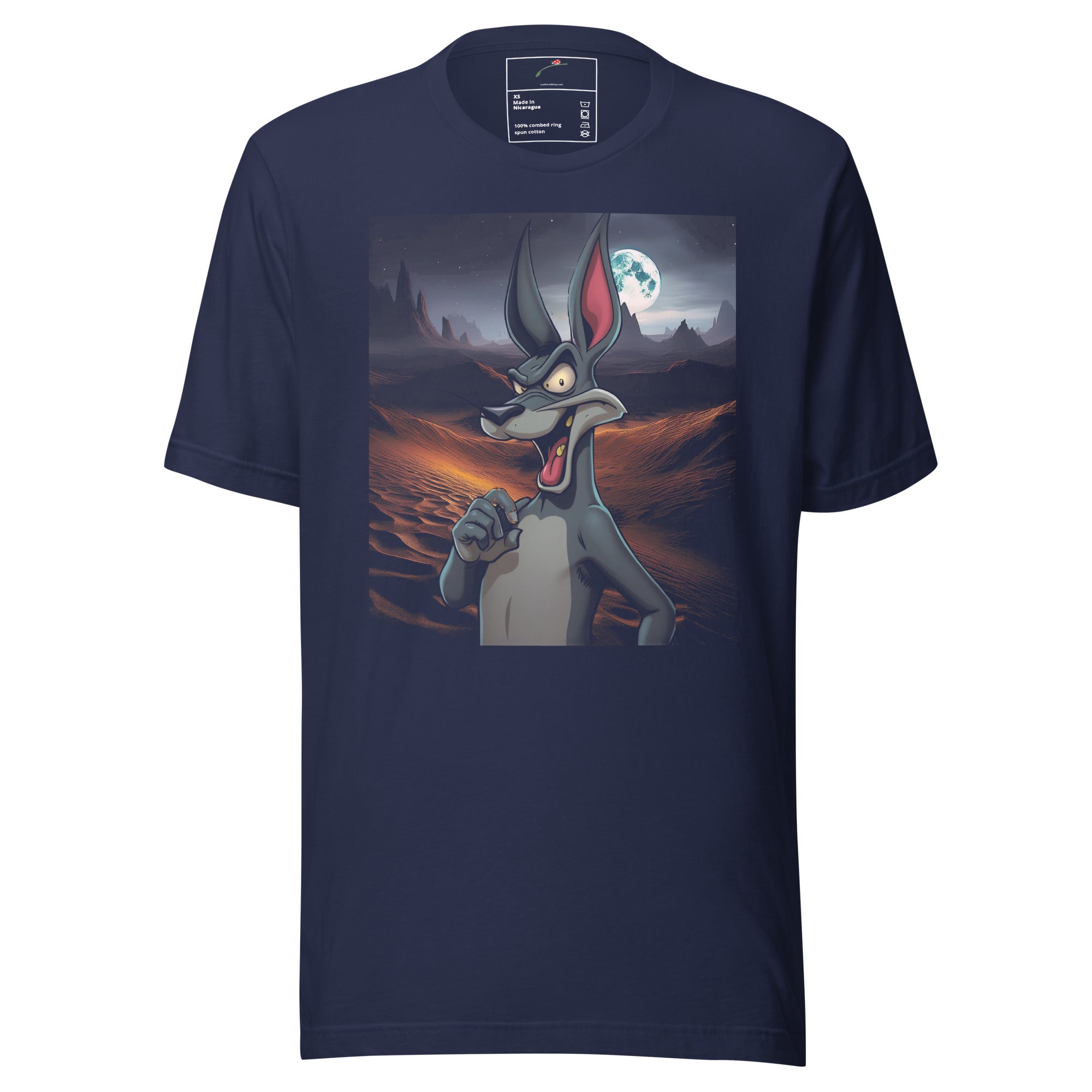 LuckeLadybug shadow wolf t-shirt with cartoon wolf design and full moon on navy blue fabric