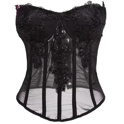 Black sheer corset top with intricate lace detailing, ideal for evening wear or special occasions
