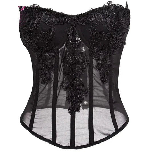 Black sheer corset top with intricate lace detailing, ideal for evening wear or special occasions