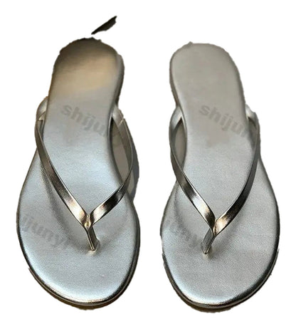 LuckeLadybug women's comfortable flip flops in silver with easy slip-on design for casual wear