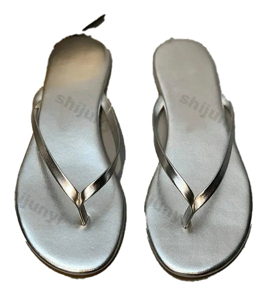 LuckeLadybug women's comfortable flip flops in silver with easy slip-on design for casual wear