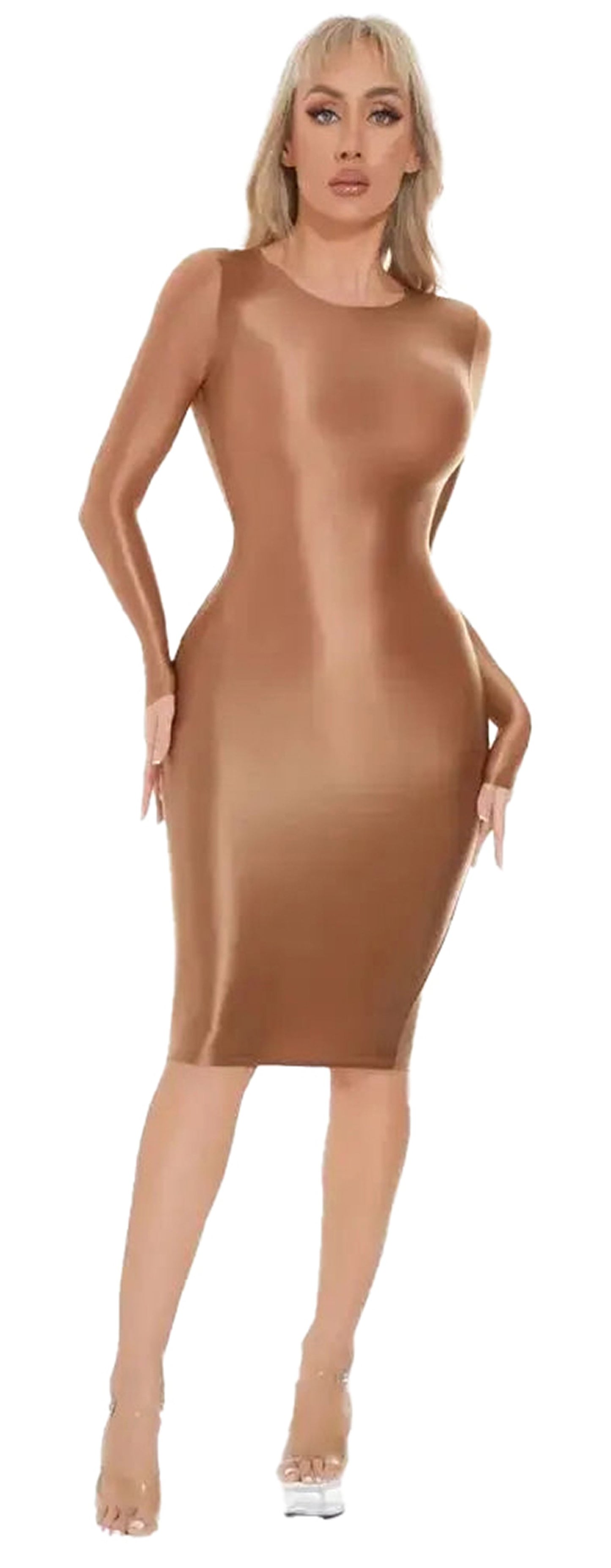 LuckeLadybug shiny bodycon midi dress in a sleek bronze color, perfect for a glamorous evening look