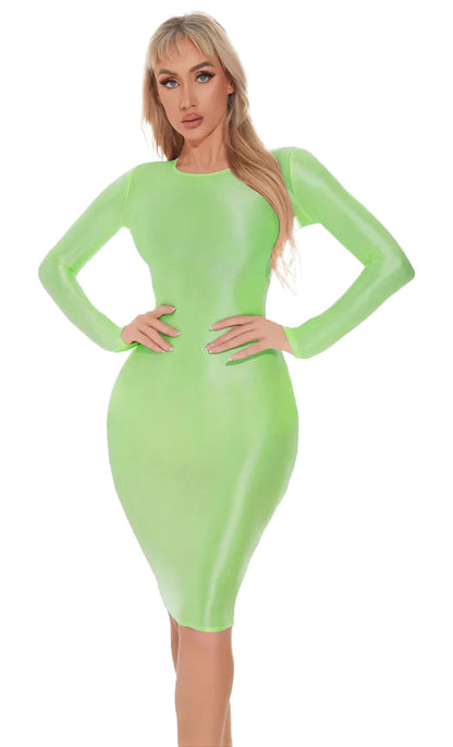 Shiny bodycon midi dress in vibrant green with long sleeves for a sleek and stylish look
