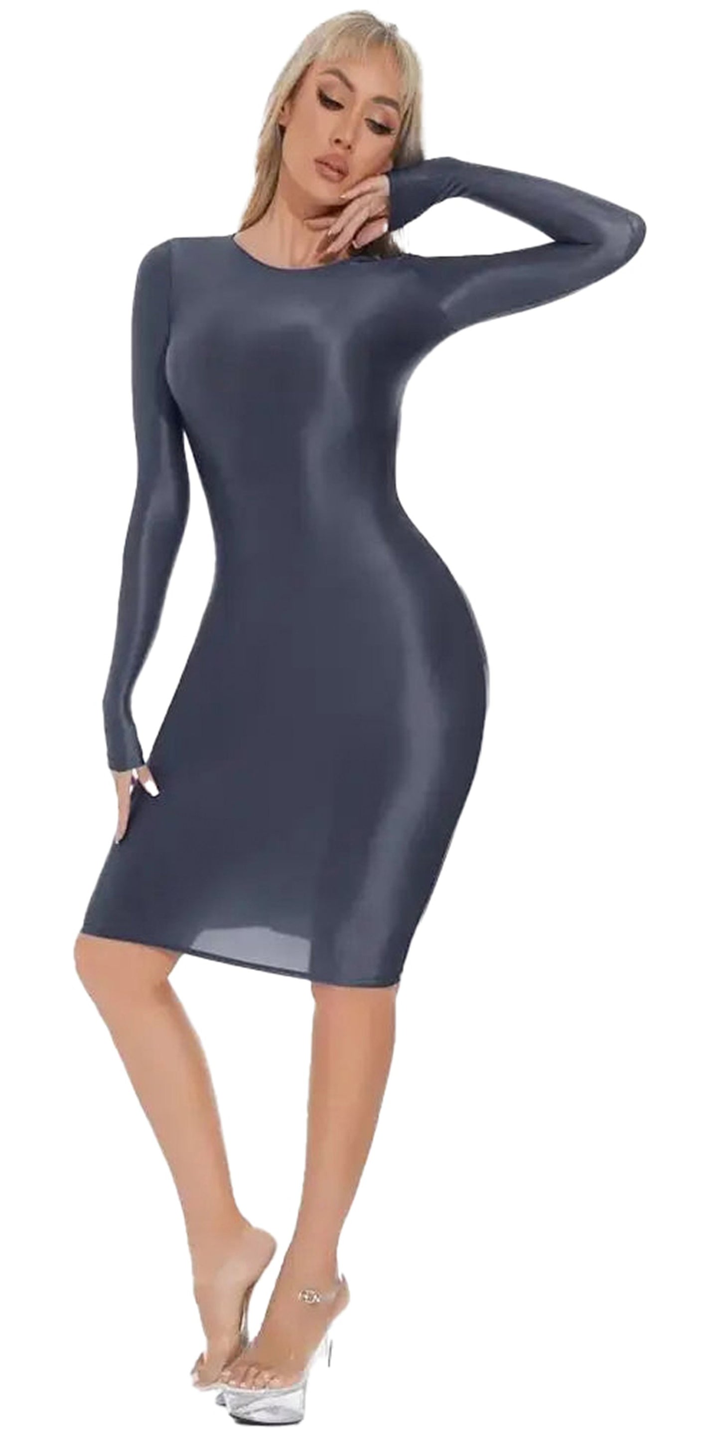 LuckeLadybug shiny bodycon midi dress in gray with long sleeves perfect for stylish evenings