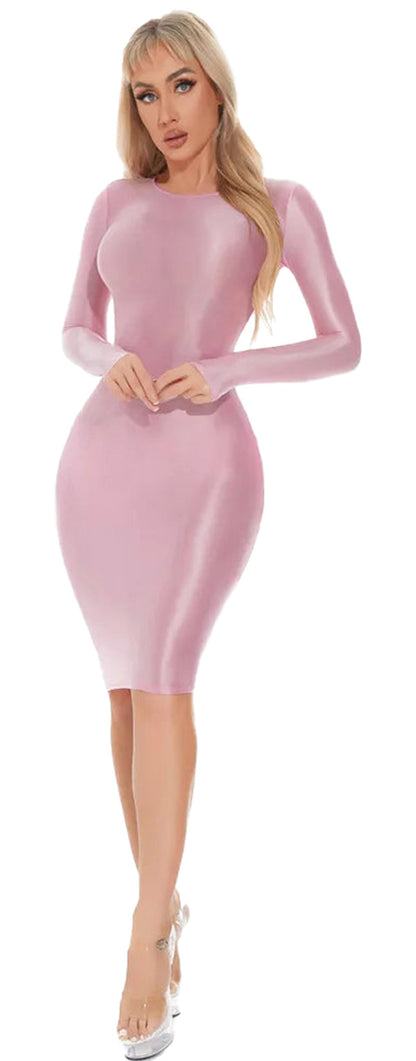 Pink shiny bodycon midi dress with long sleeves for a stylish and flattering look