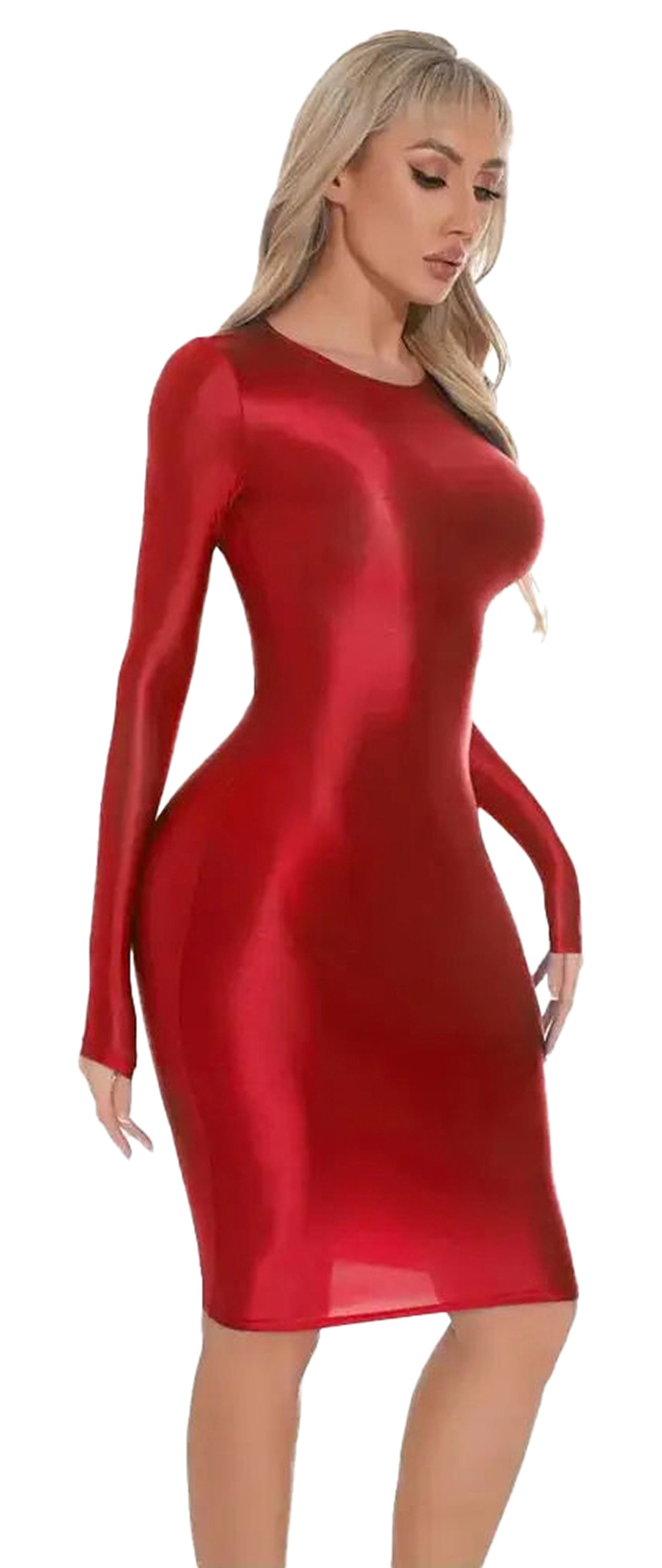 LuckeLadybug shiny bodycon midi dress in red showcasing a form-fitting silhouette and long sleeves