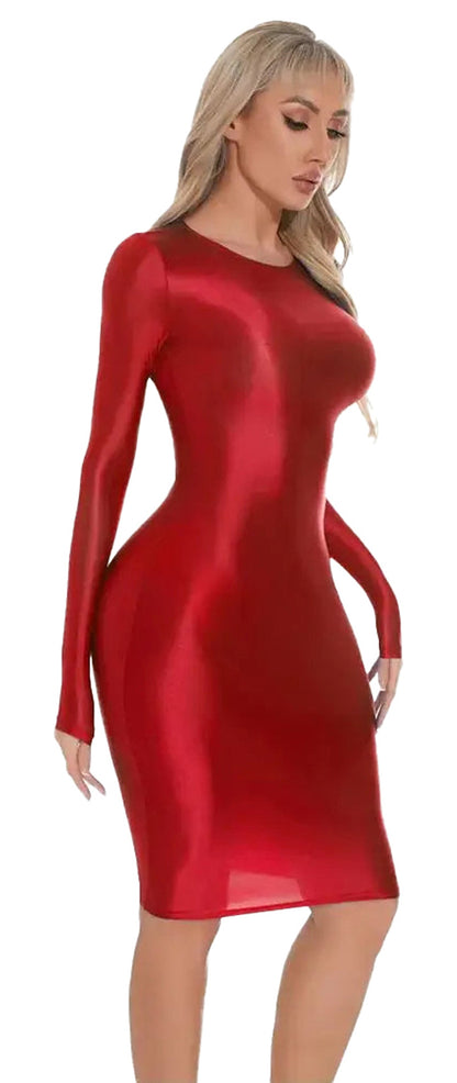 LuckeLadybug shiny bodycon midi dress in red showcasing a form-fitting silhouette and long sleeves