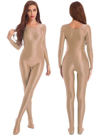 LuckeLadybug shiny full body pantyhose jumpsuit in nude color, featuring long sleeves and a sleek fit