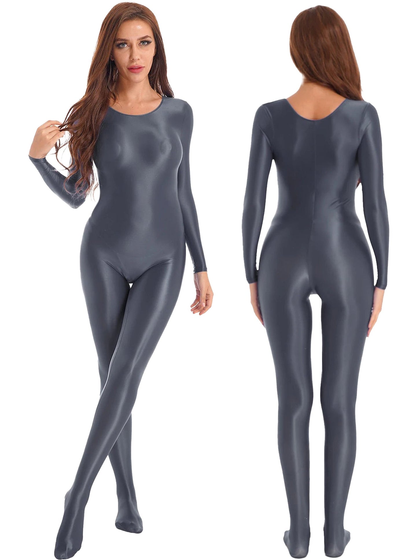 Shiny full body pantyhose jumpsuit in dark gray, offering a sleek, form-fitting design for a stylish look.