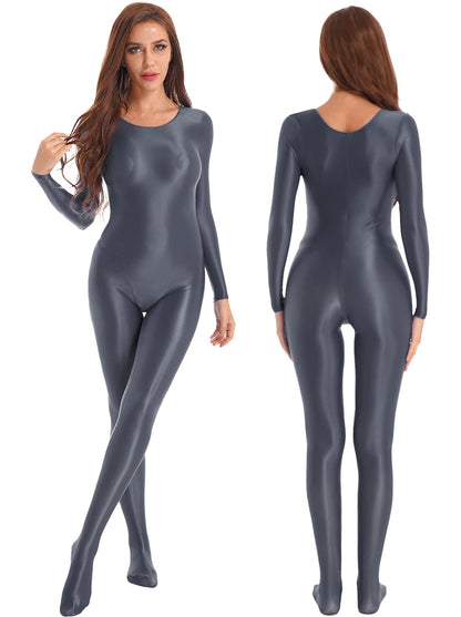 Shiny full body pantyhose jumpsuit in dark gray, offering a sleek, form-fitting design for a stylish look.
