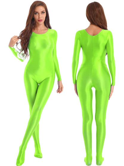 Shiny full body pantyhose jumpsuit in vibrant green for a bold fashion statement