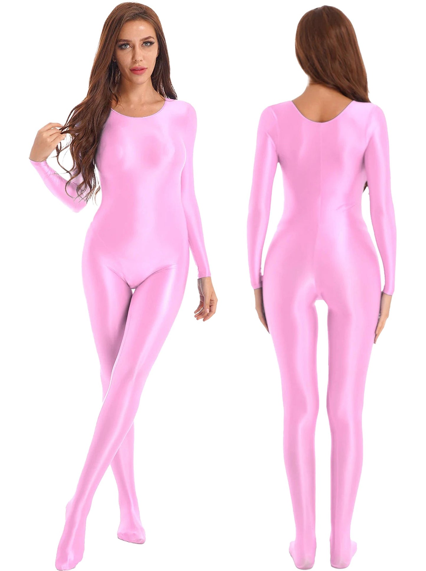 LuckeLadybug shiny full body pantyhose jumpsuit in pink featuring long sleeves and a sleek design