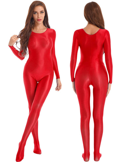 Shiny full body pantyhose jumpsuit in vibrant red, designed for a sleek and striking silhouette