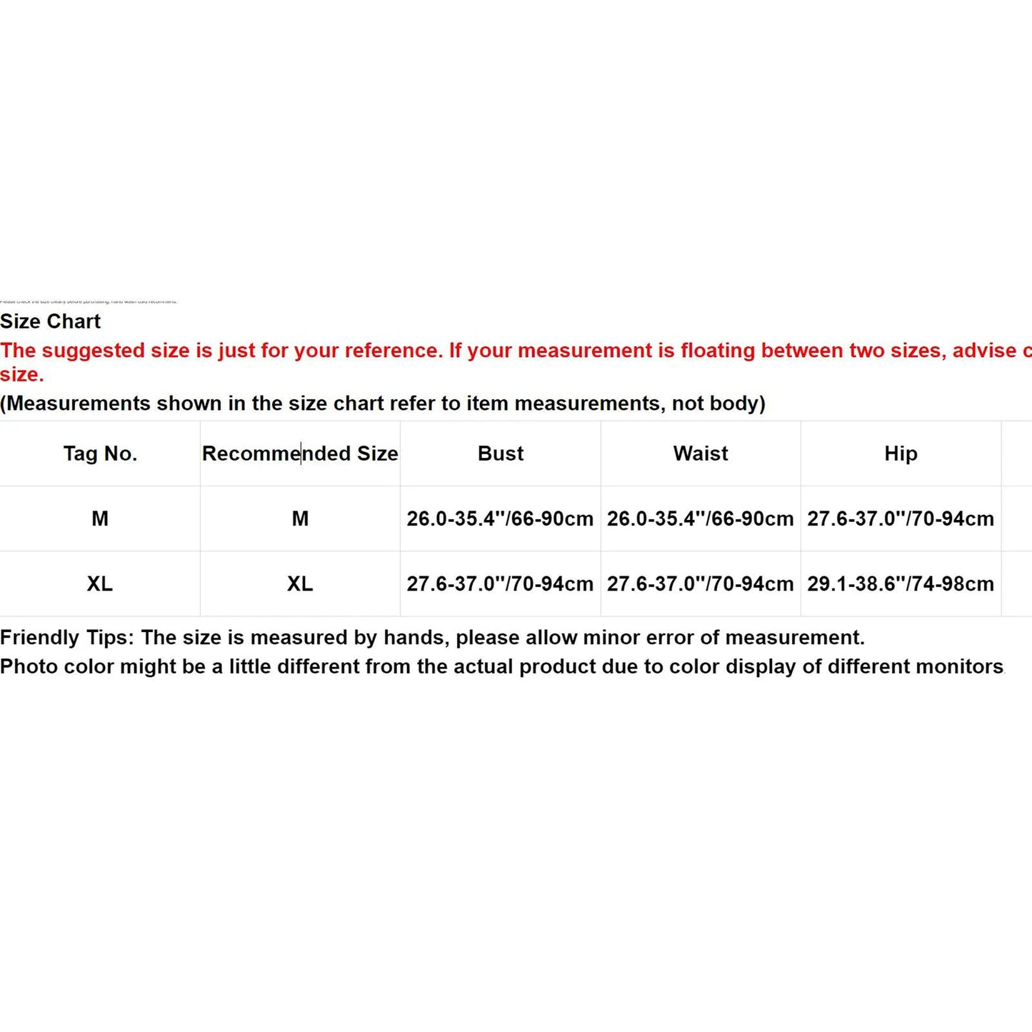 Size chart for shiny full body pantyhose jumpsuit including measurements for M and XL sizes