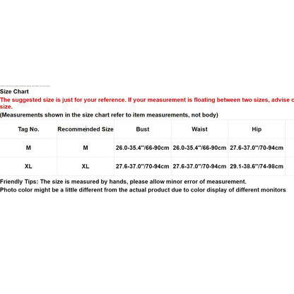 Size chart for shiny full body pantyhose jumpsuit including measurements for M and XL sizes