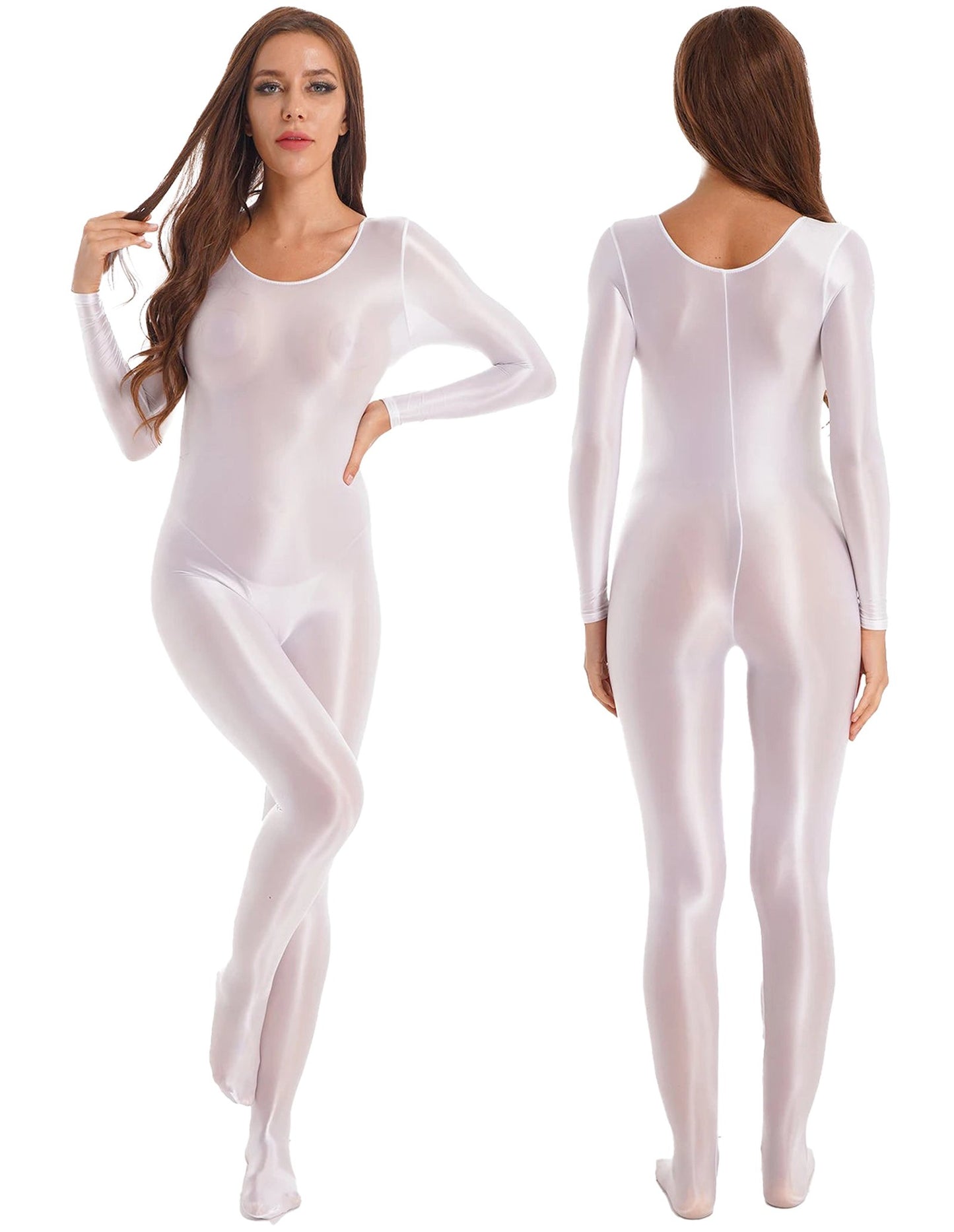 Shiny full body pantyhose jumpsuit in white featuring long sleeves and a sleek fit for stylish occasions