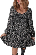 LuckeLadybug black floral mini dress with smocked bodice long sleeves and flounced tiered skirt