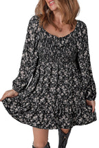 LuckeLadybug black floral mini dress with smocked bodice long sleeves and flounced tiered skirt