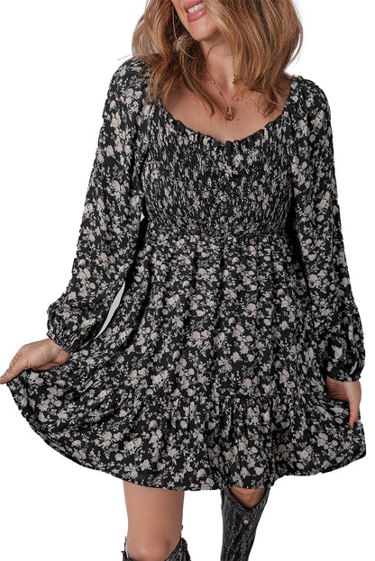 LuckeLadybug black floral mini dress with smocked bodice long sleeves and flounced tiered skirt