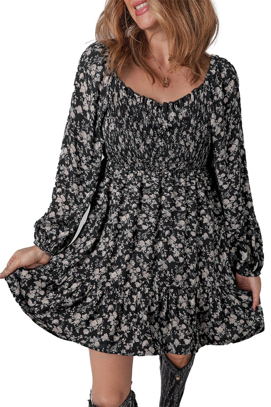 LuckeLadybug black floral mini dress with smocked bodice long sleeves and flounced tiered skirt