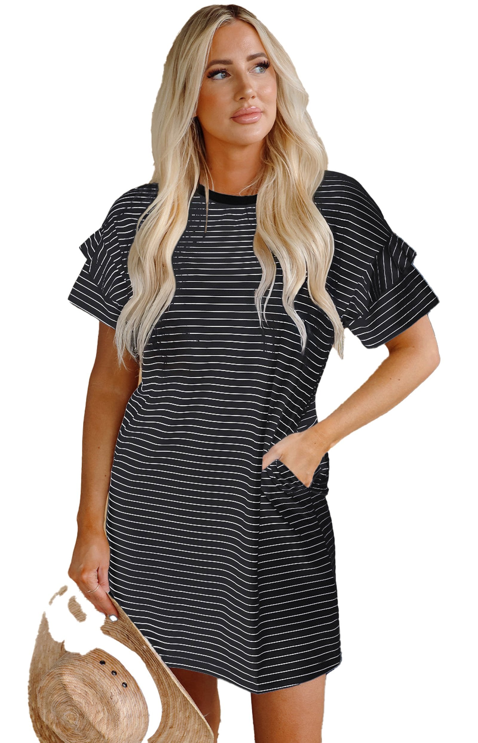 LuckeLadybug H Line model wearing a black stripe ruffle mini dress with pockets holding straw hat