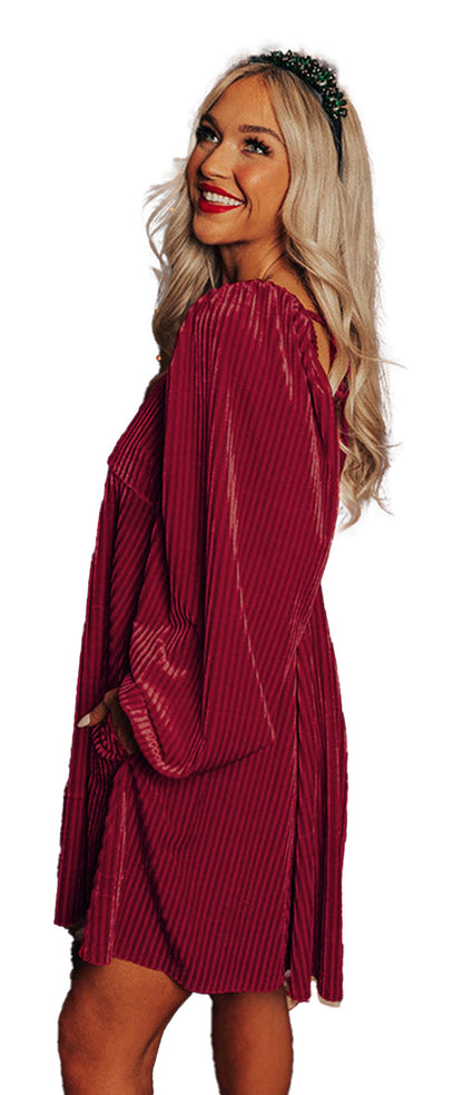 LuckeLadybug holiday image of model in red velvet mini dress showing black velvet babydoll dress option