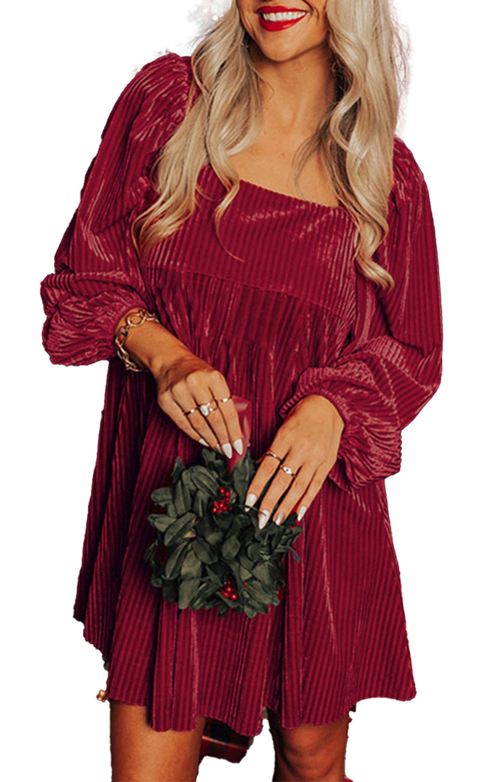 LuckeLadybug burgundy velvet babydoll dress styled for holidays holding wreath similar to black velvet babydoll dress