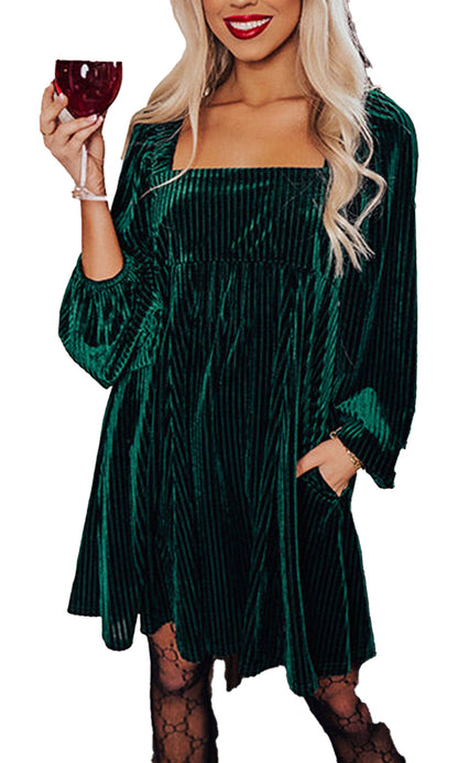 LuckeLadybug emerald green velvet babydoll dress with square neckline pockets short hem styled like black velvet babydoll dress