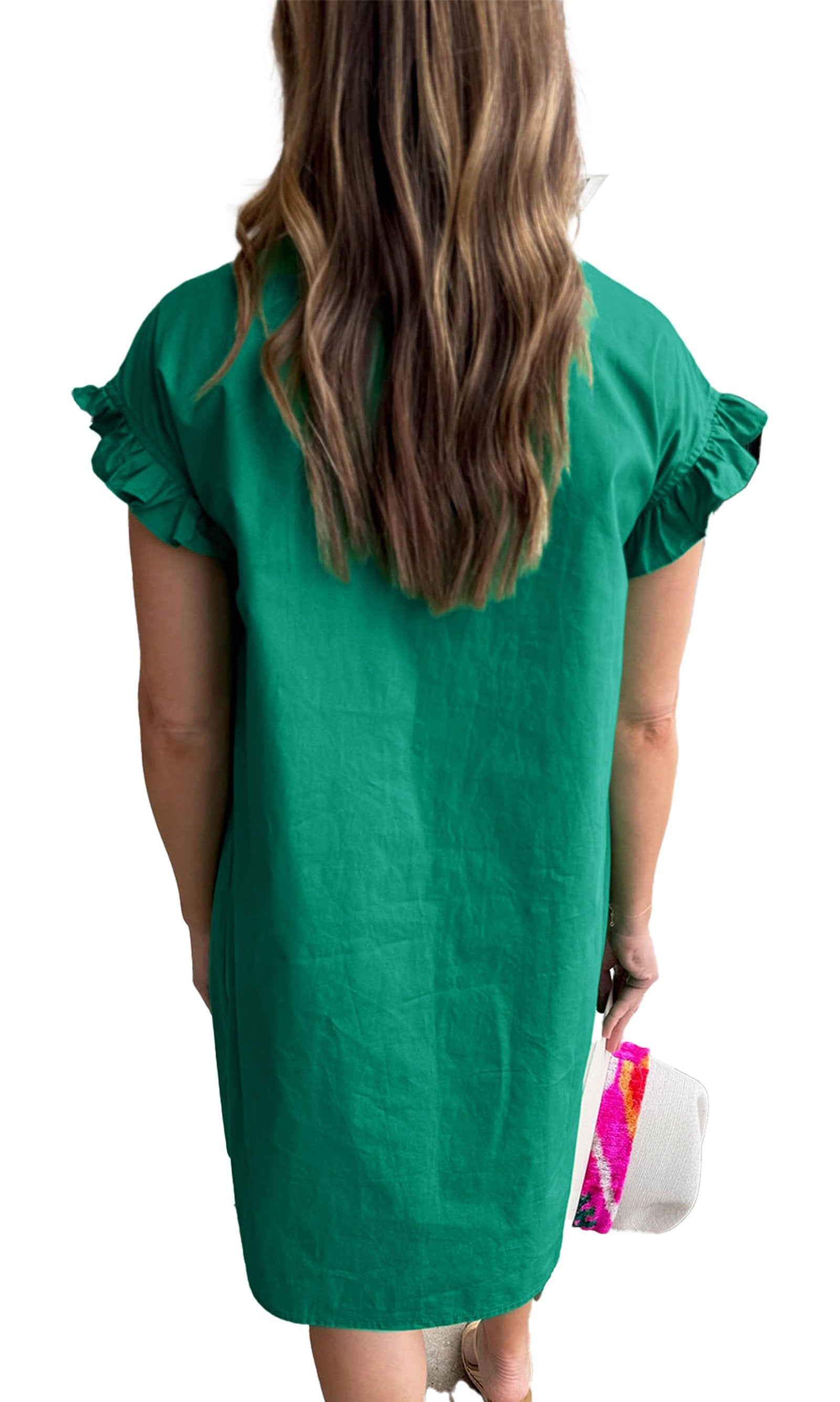 Back view of model in LuckeLadybug bright green ruffle sleeve dress H Line knee length shift style