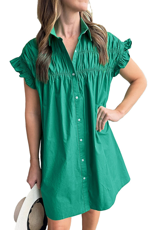 LuckeLadybug H Line bright green ruffle sleeve dress button front loose fit above knee casual