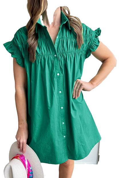 LuckeLadybug model wearing bright green ruffle sleeve dress button front H line mini with gathered yoke and collar