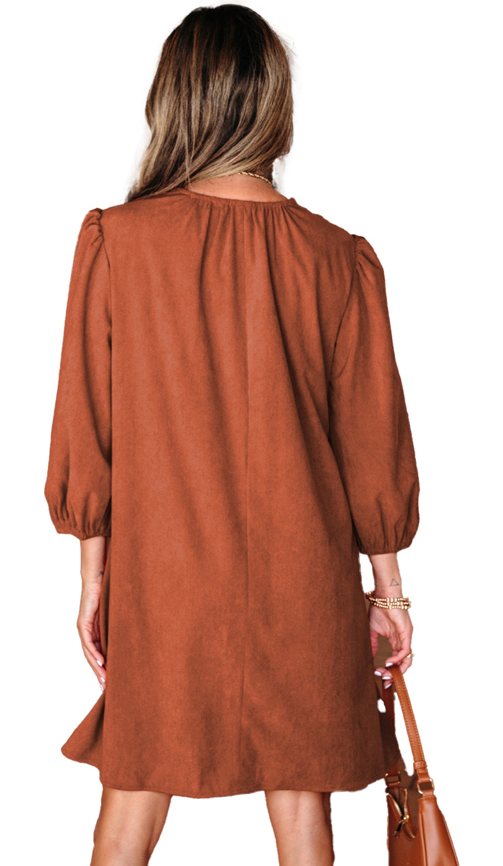 LuckeLadybug brown corduroy mini dress for women back view with puff sleeves and leather bag
