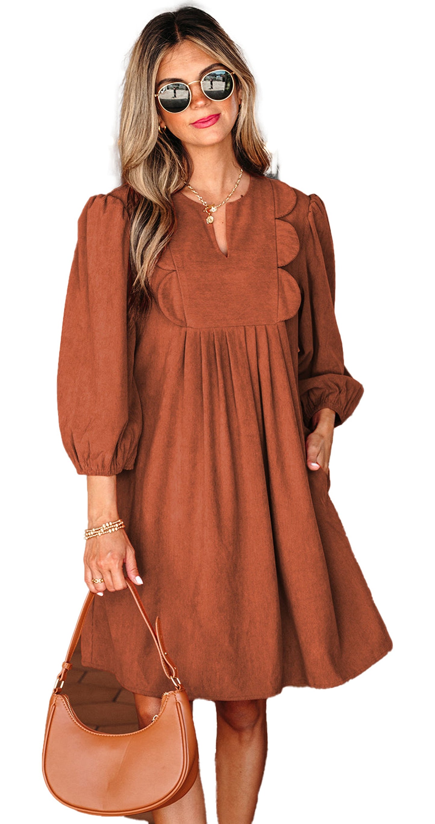 LuckeLadybug corduroy mini dress for women in rust brown with puff sleeves and scallop trim