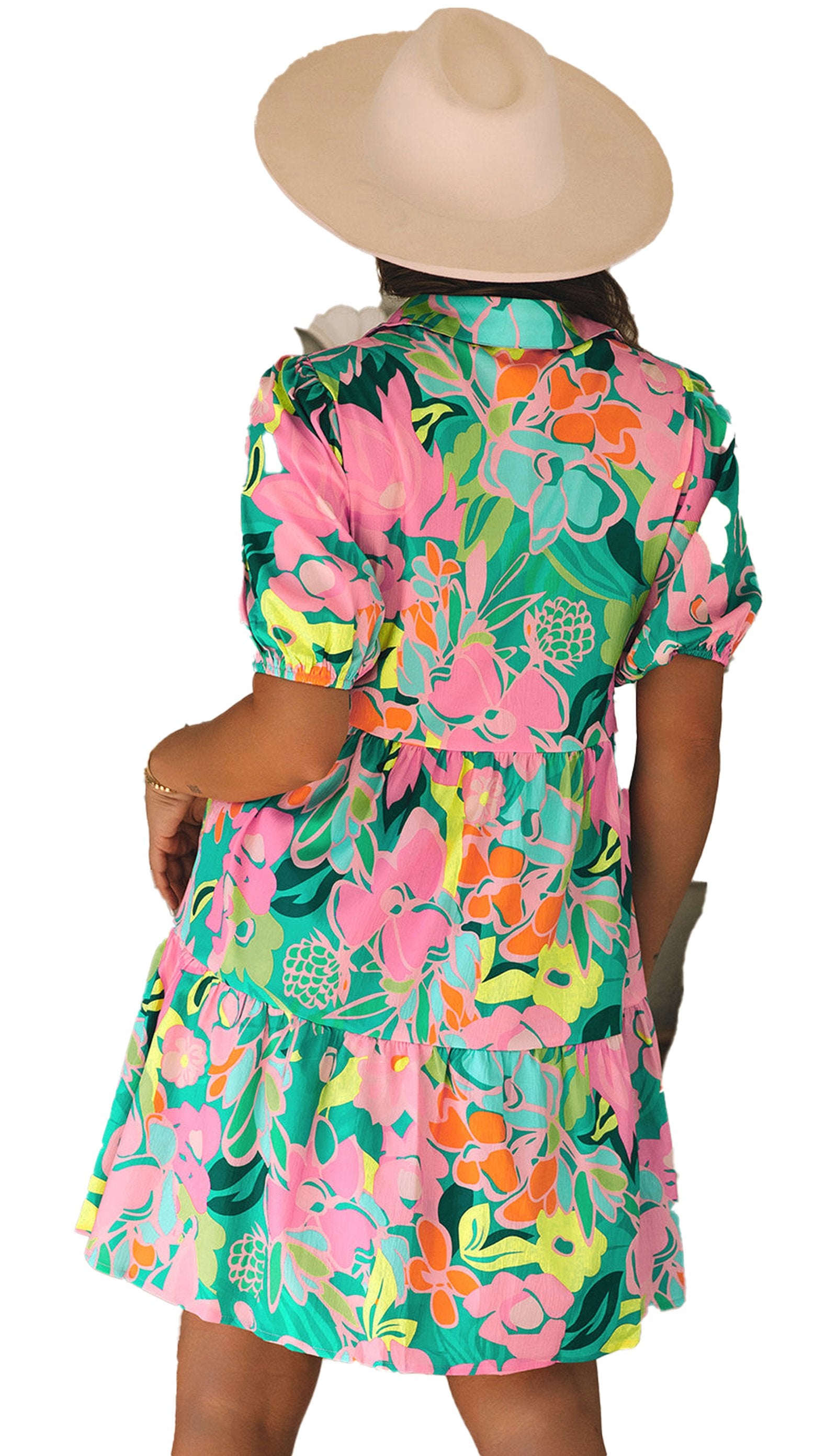 LuckeLadybug A Line green floral babydoll dress back view showing puff sleeves tiered skirt and white wide brim hat