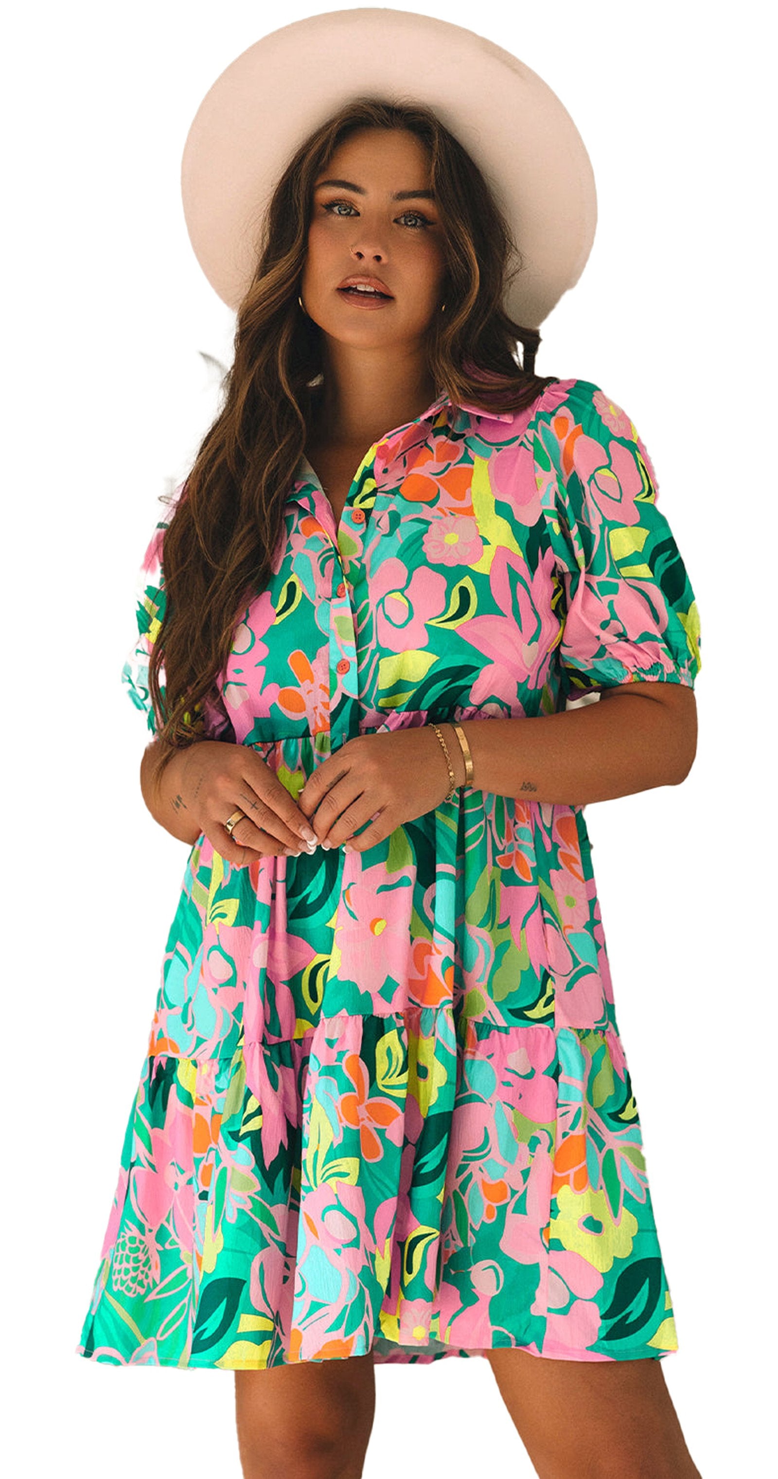 LuckeLadybug A Line green floral babydoll dress with bright pink and yellow blooms short sleeves