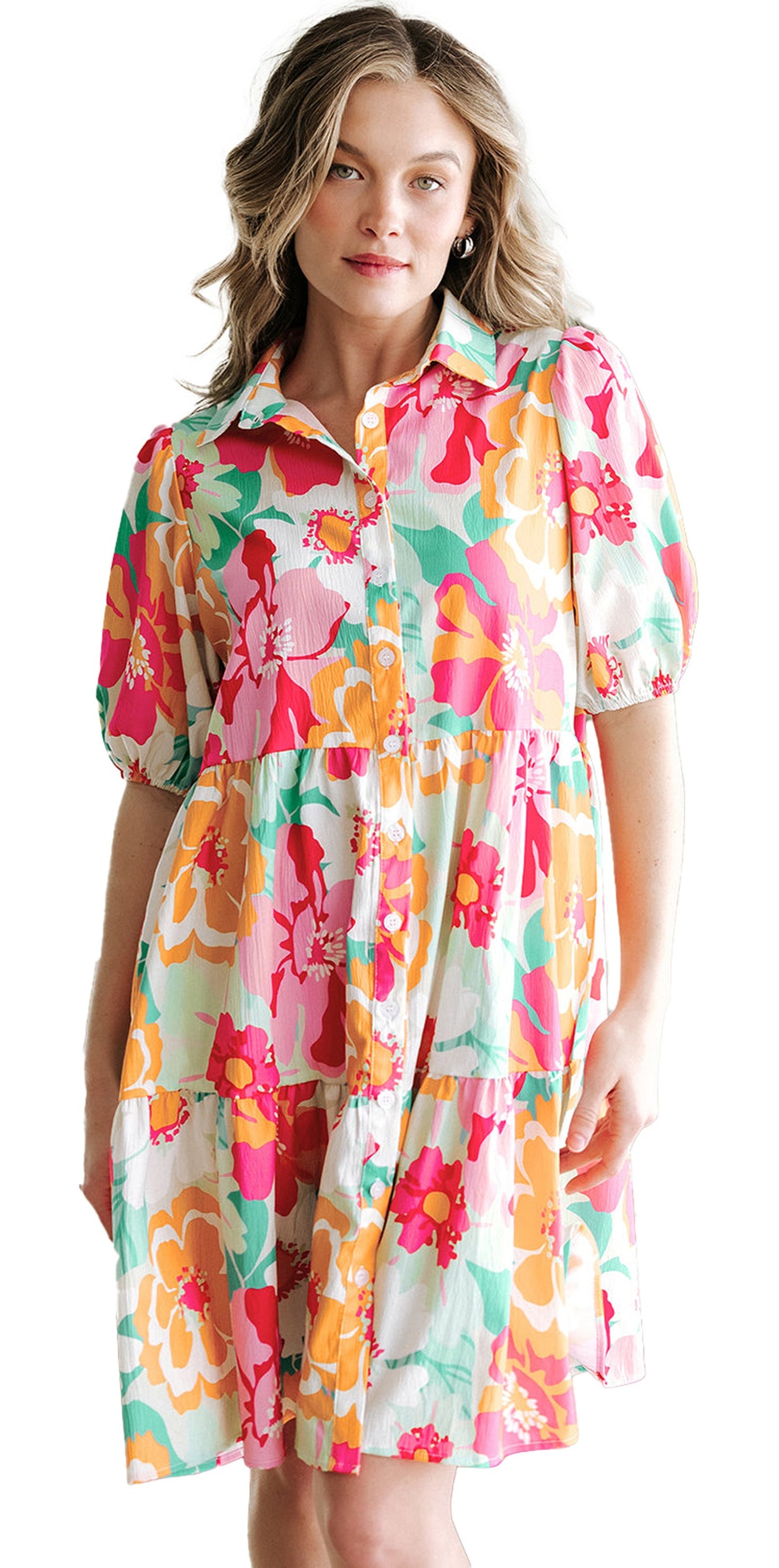 LuckeLadybug A line green floral babydoll dress with button front short puff sleeves and tiered skirt