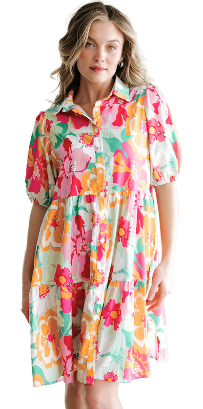 LuckeLadybug A line green floral babydoll dress with button front short puff sleeves and tiered skirt