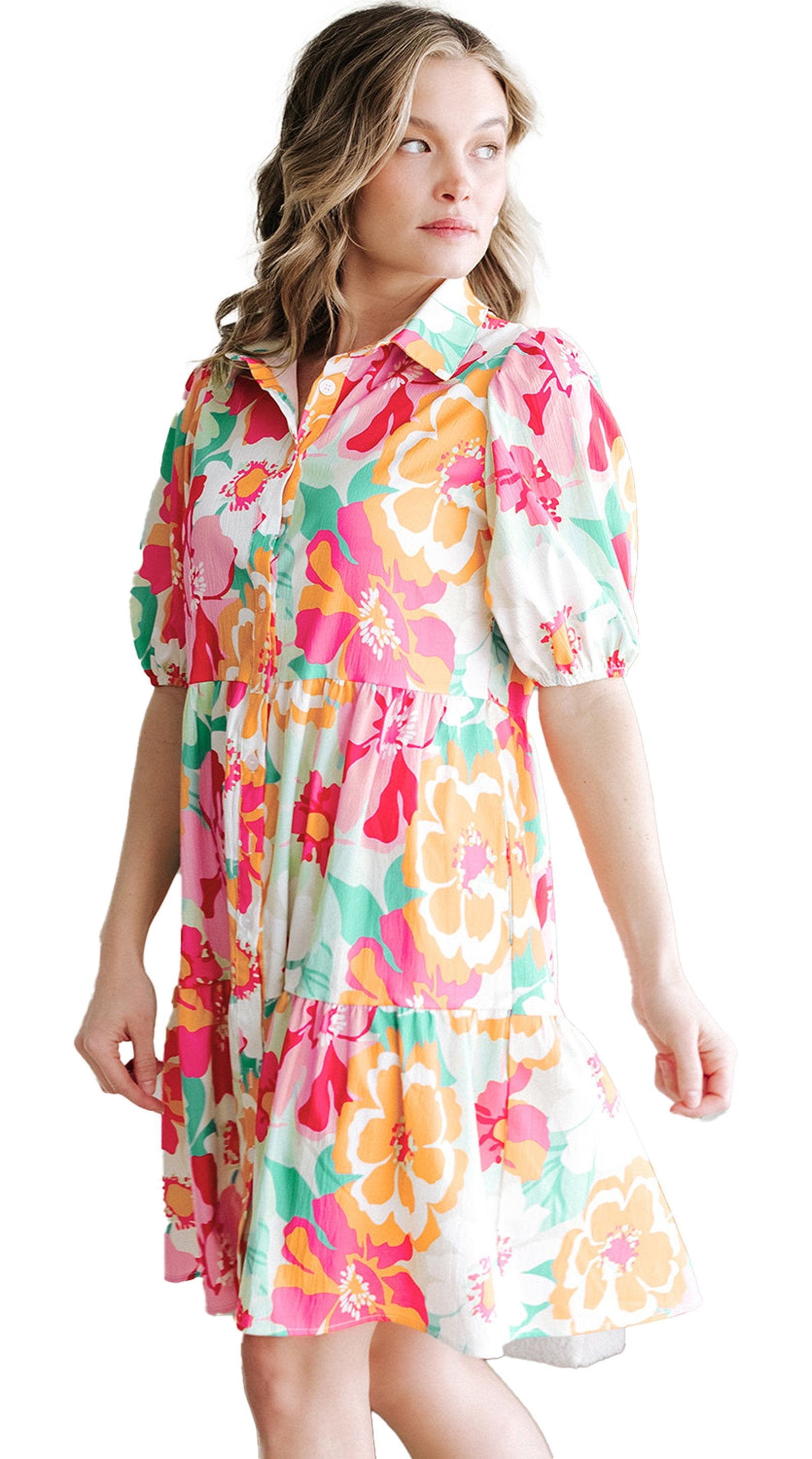 LuckeLadybug A line green floral babydoll dress with collared neckline puff sleeves and tiered skirt