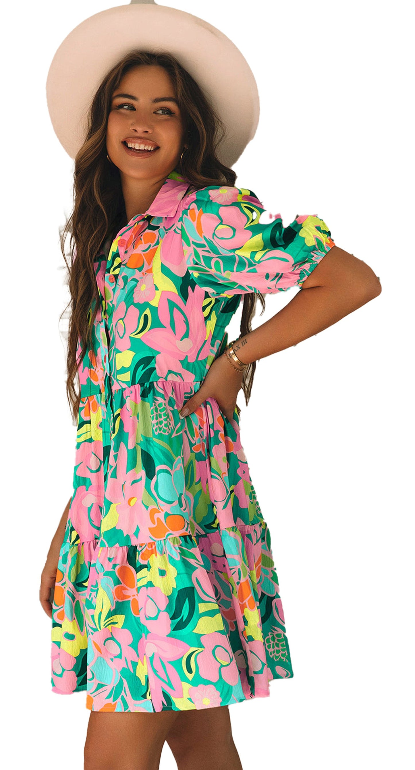 LuckeLadybug A Line green floral babydoll dress with puff sleeves and tiered skirt worn by smiling model