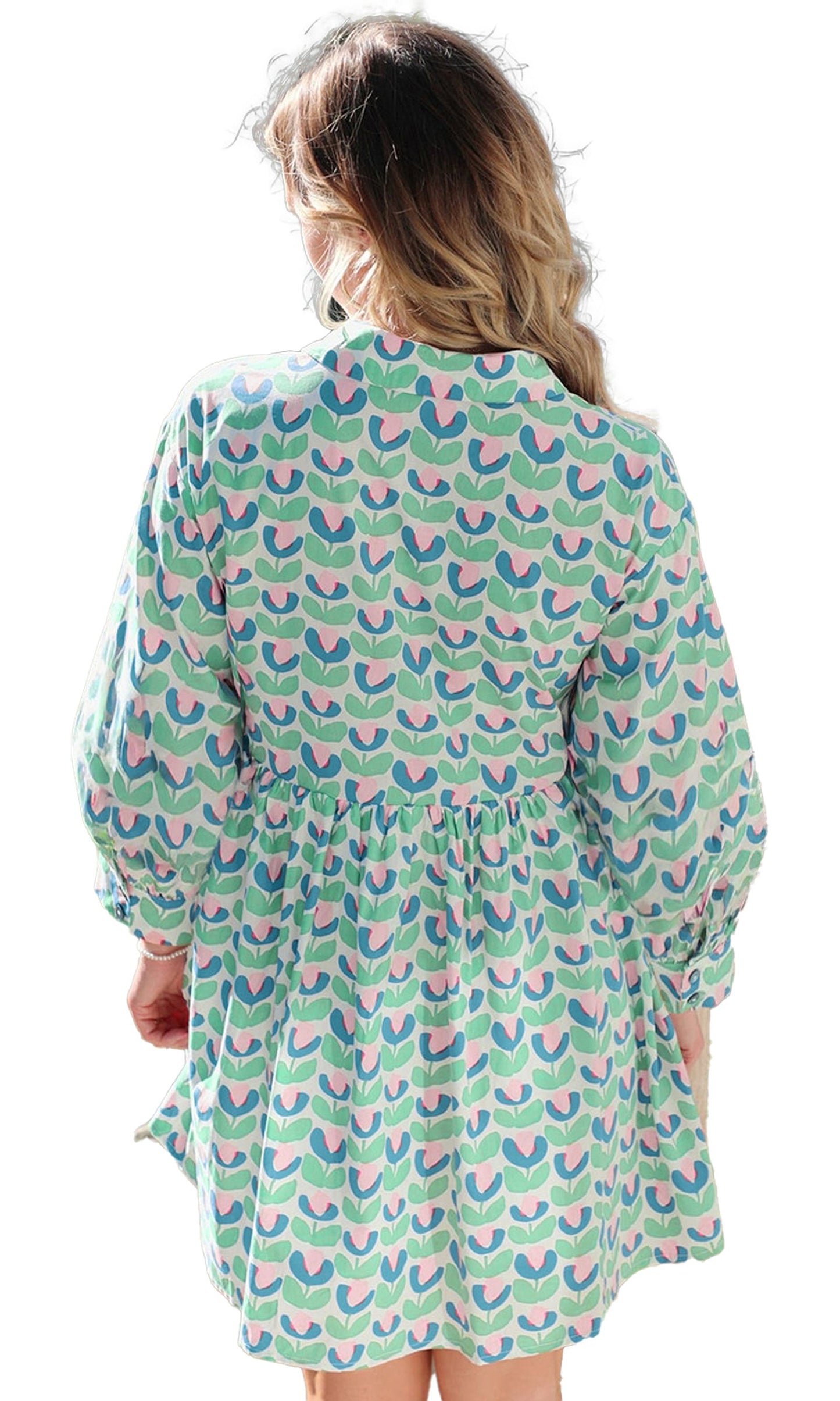 LuckeLadybug green floral print mini dress back view with puff sleeves smocked waist and tiered skirt