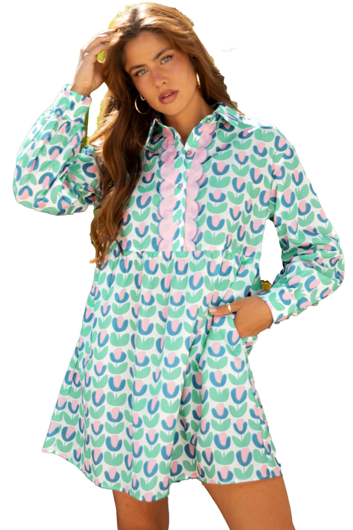 LuckeLadybug green floral print mini dress with long sleeves button placket and side pockets