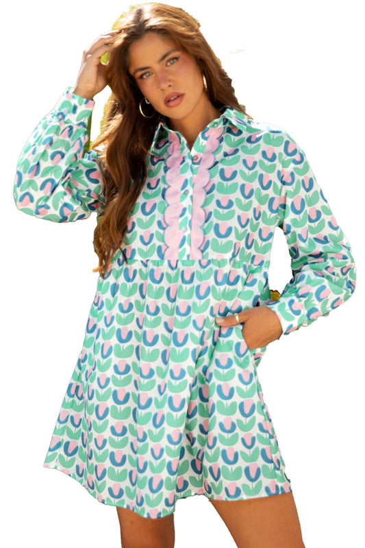 LuckeLadybug green floral print mini dress with long sleeves button placket and side pockets