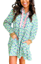 LuckeLadybug green floral print mini dress long sleeve with pink scallop placket pockets above knee