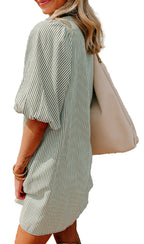 Back view of woman wearing LuckeLadybug green puff sleeve button down dress striped mini dress with tote