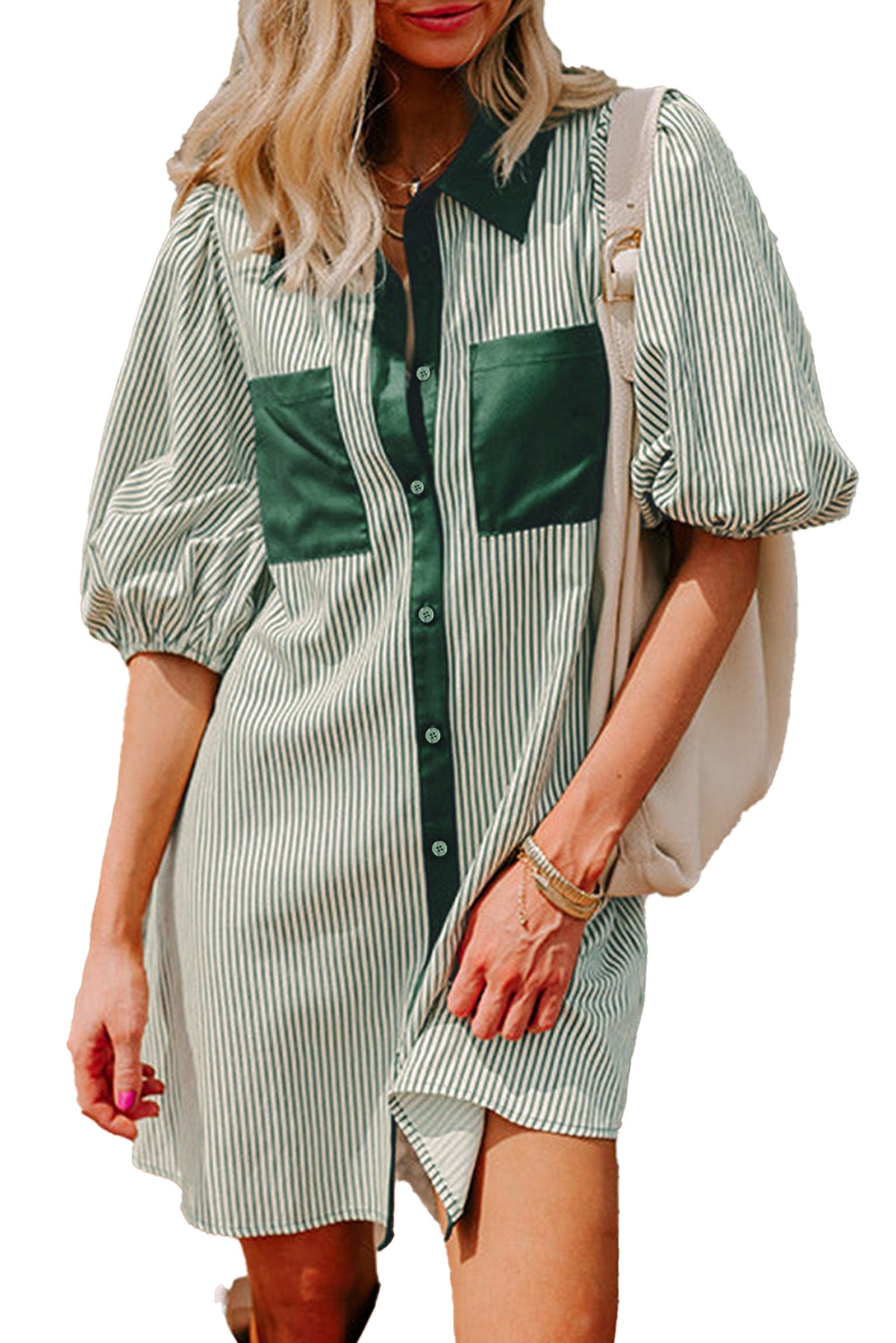 LuckeLadybug green puff sleeve button down dress striped mini shirt dress with contrast pockets and collar